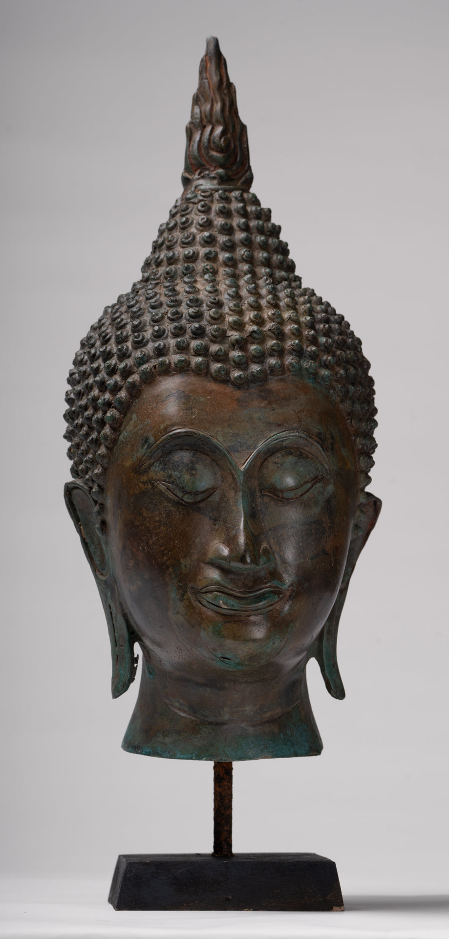 Buddha Head - Antique Thai Style Sukhothai Mounted Bronze Buddha Head - 38cm/15"