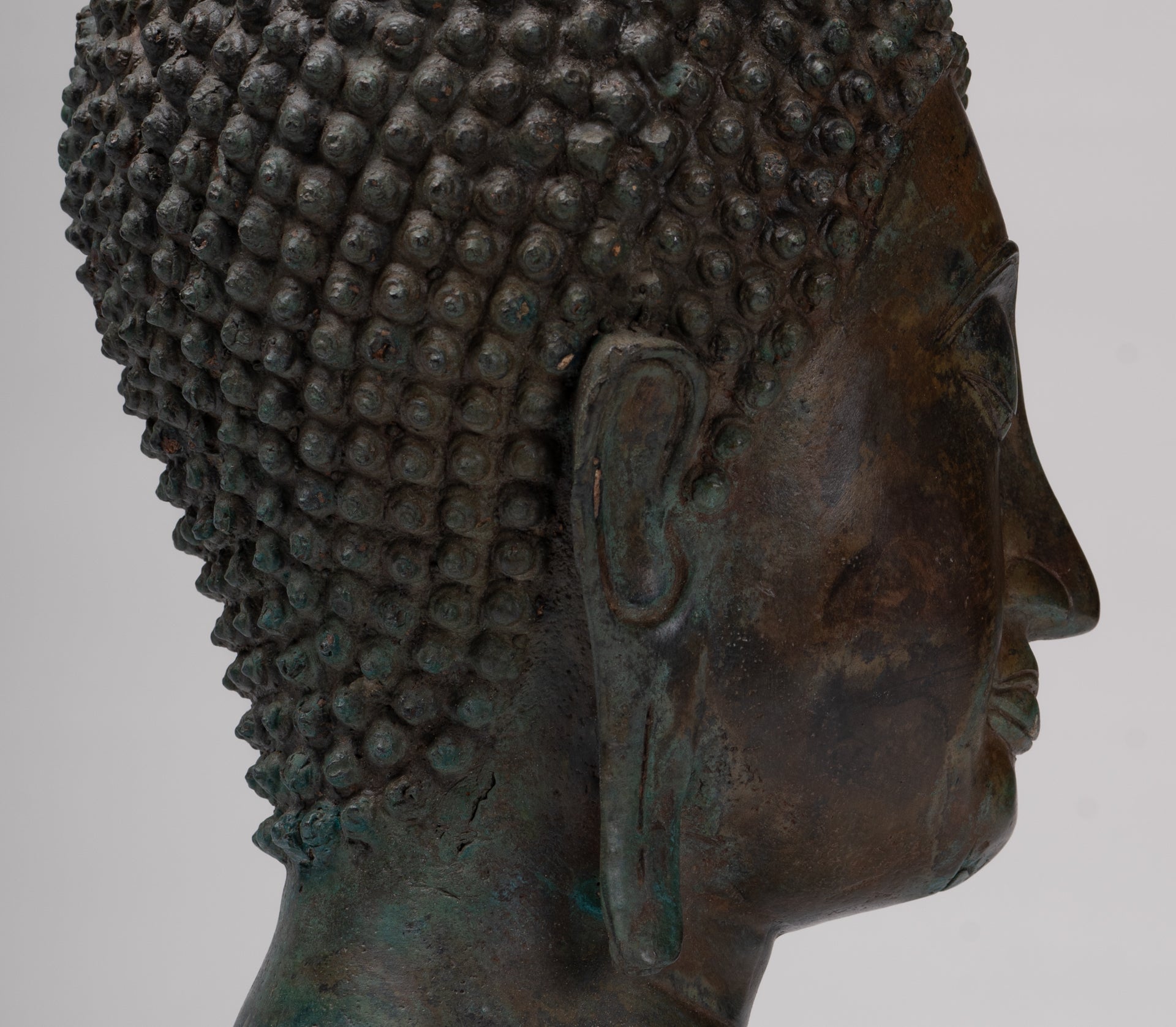 Buddha Head - Antique Thai Style Sukhothai Mounted Bronze Buddha Head - 38cm/15"