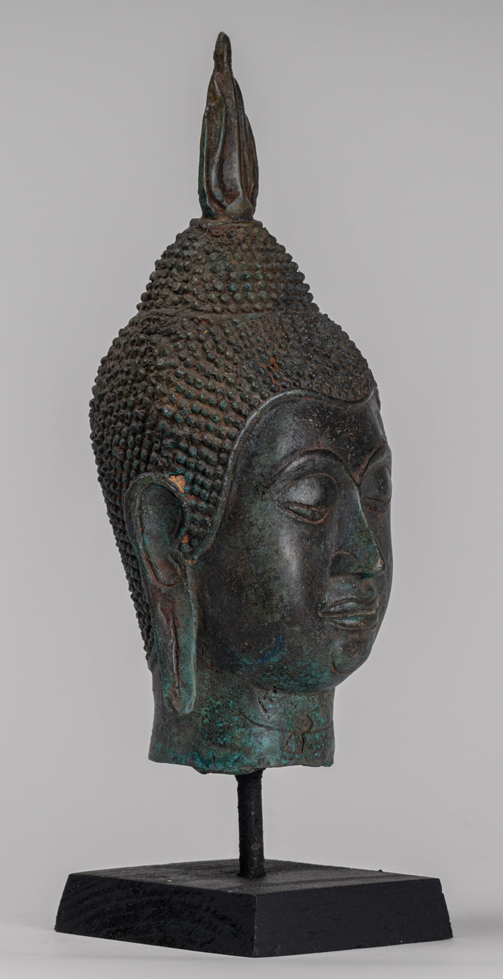 Buddha Head - Antique Thai Style Sukhothai Mounted Bronze Buddha Head - 30cm/12"