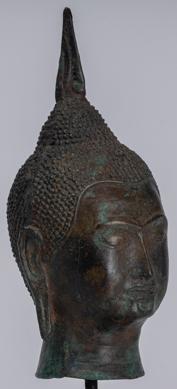 Buddha Head - Antique Thai Style Sukhothai Mounted Bronze Buddha Head - 22cm/9"