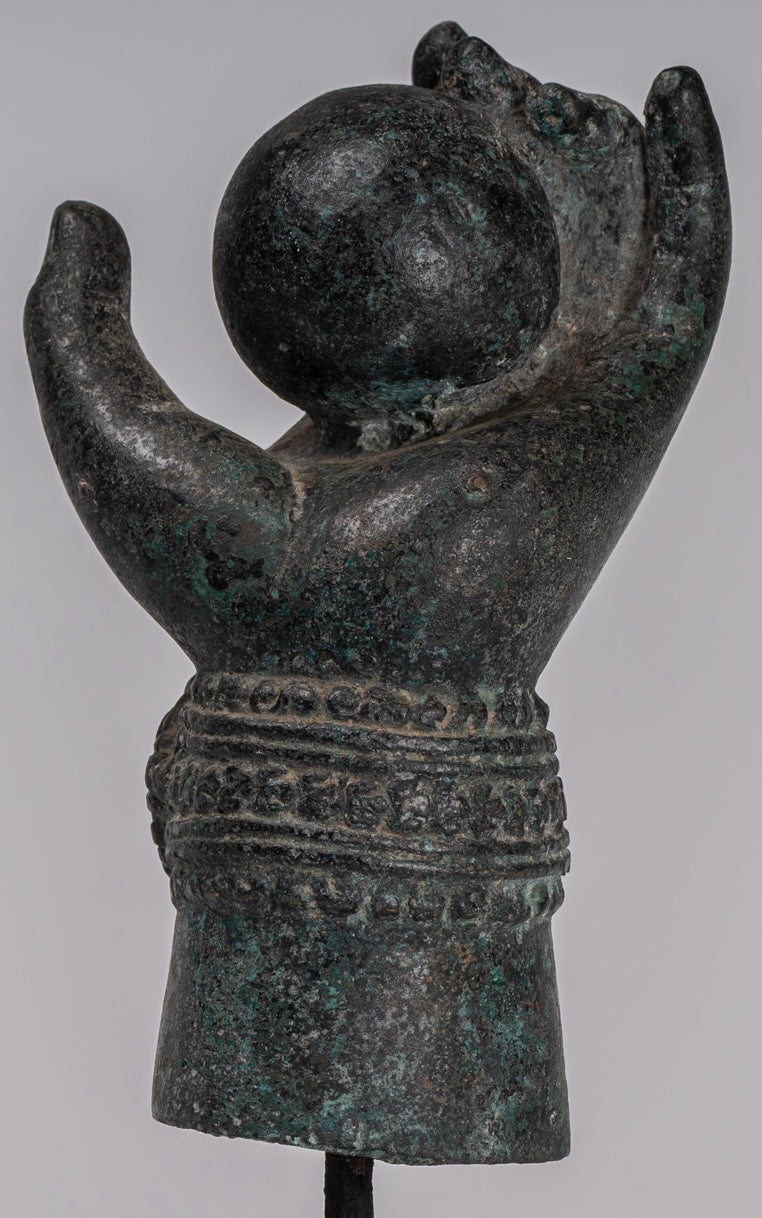 Mounted Antique Khmer Style Southeast Asia Bronze Vishnu Hand & Pinda or Ball - 24cm/10"