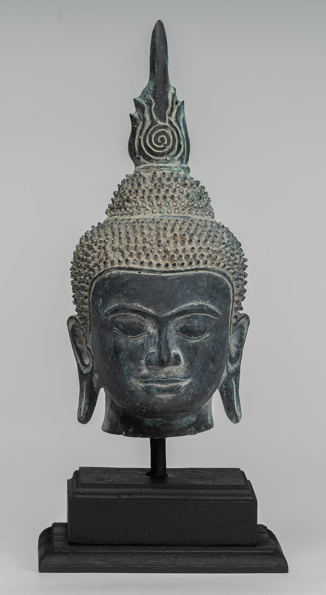 Buddha Statue - Antique Khmer Style Bronze Mounted Buddha Head - 29cm/12"
