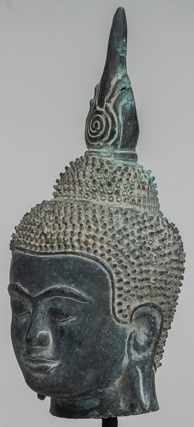 Buddha Statue - Antique Khmer Style Bronze Mounted Buddha Head - 29cm/12"