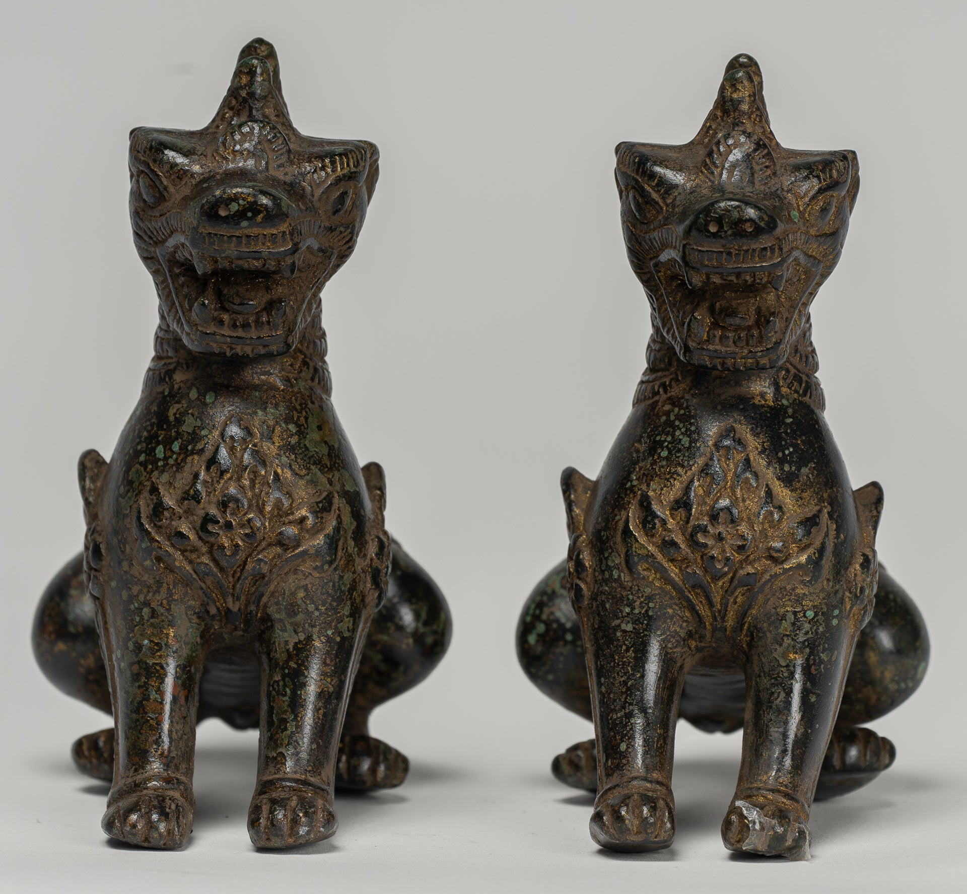 Antique Burmese Style Bronze Standing Chinthe Guardian Temple Lions - 12cm/5" (Pair)