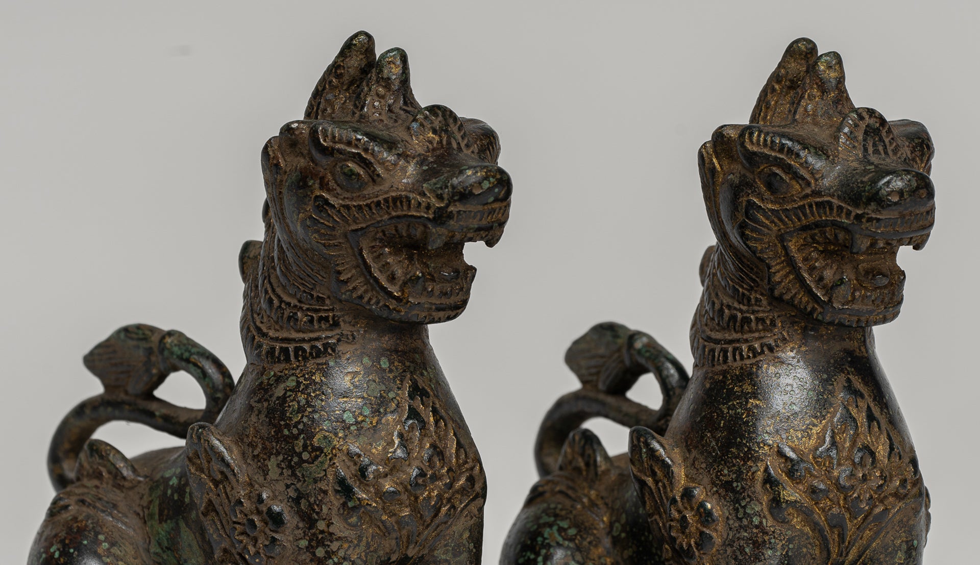 Antique Burmese Style Bronze Standing Chinthe Guardian Temple Lions - 12cm/5" (Pair)