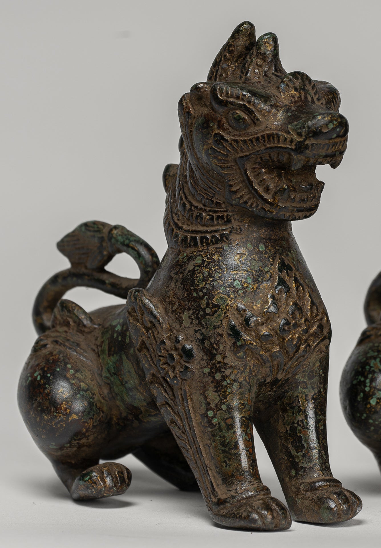 Antique Burmese Style Bronze Standing Chinthe Guardian Temple Lions - 12cm/5" (Pair)