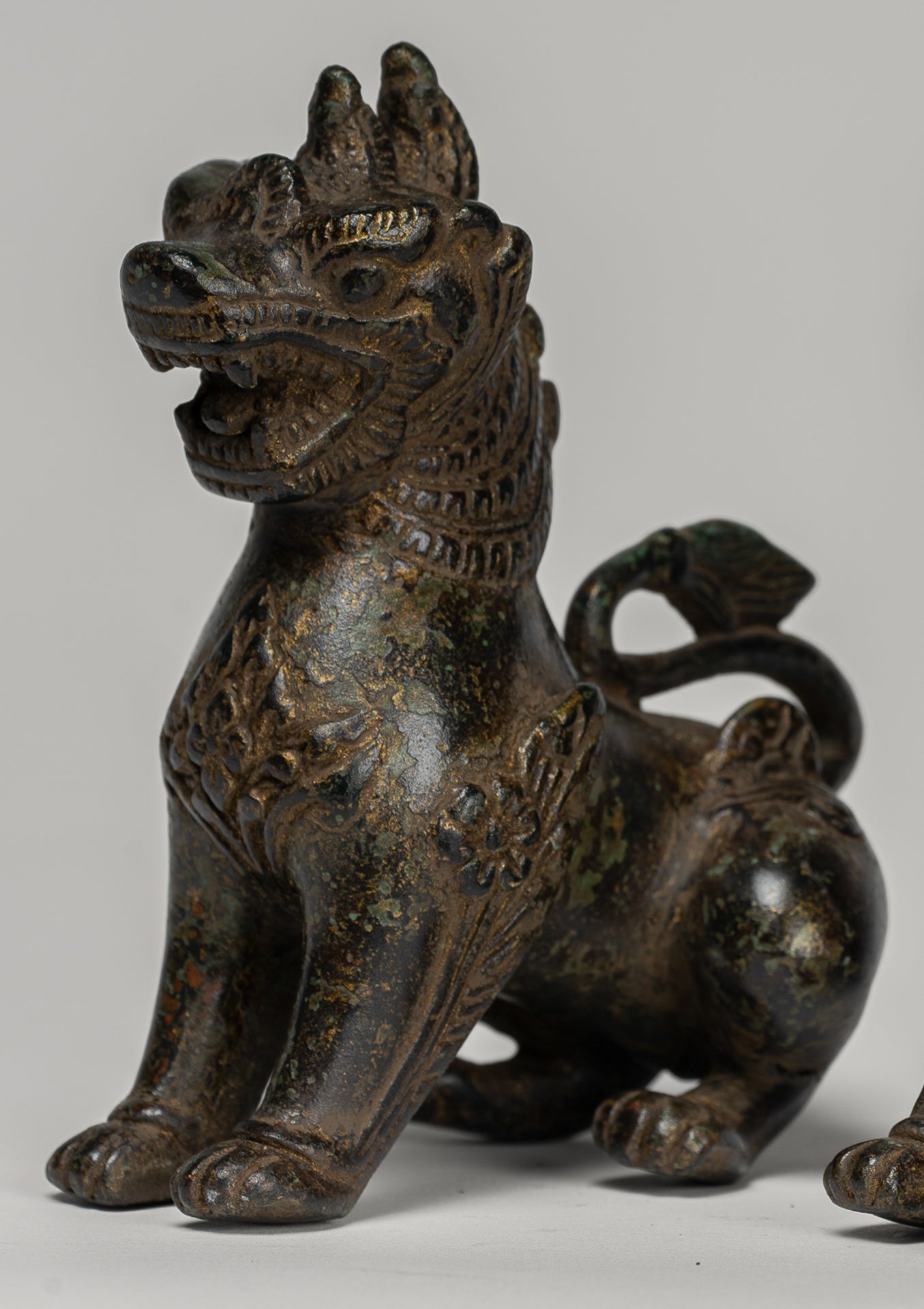 Antique Burmese Style Bronze Standing Chinthe Guardian Temple Lions - 12cm/5" (Pair)