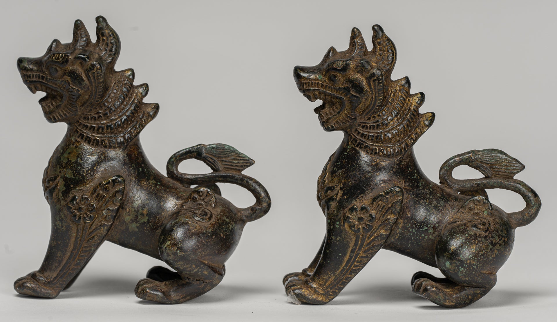 Antique Burmese Style Bronze Standing Chinthe Guardian Temple Lions - 12cm/5" (Pair)
