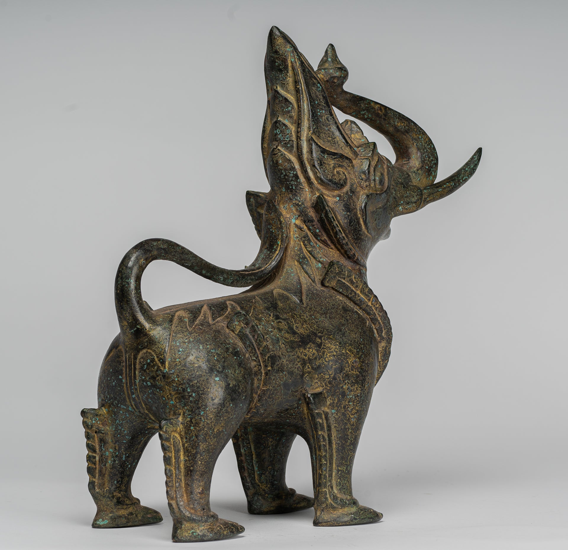 Antique Burmese Style Bronze Standing Chinthe Guardian Temple Lion - 29cm/12"