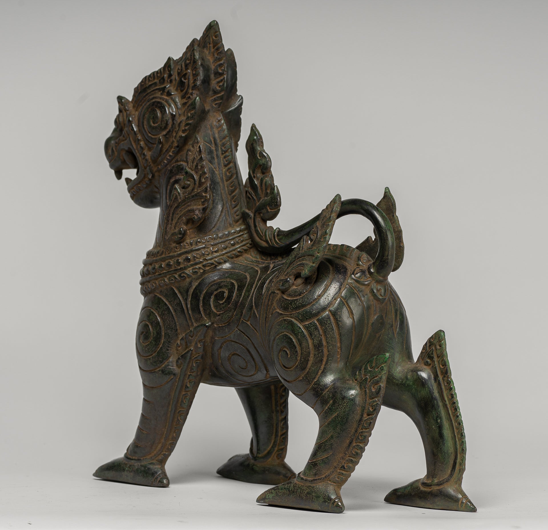 Antique Burmese Style Bronze Standing Chinthe Guardian Temple Lion - 34cm/14"