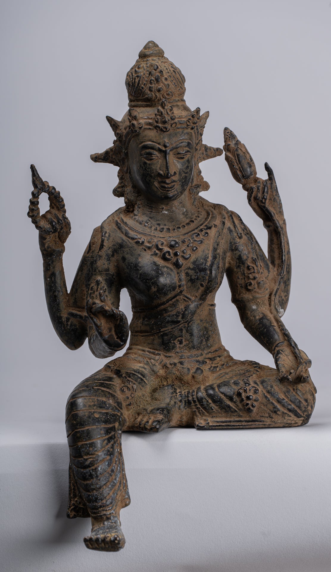 Tara Statue - Antique Java Style Majapahit Seated Bronze Devi Tara Statue - 26cm/10"