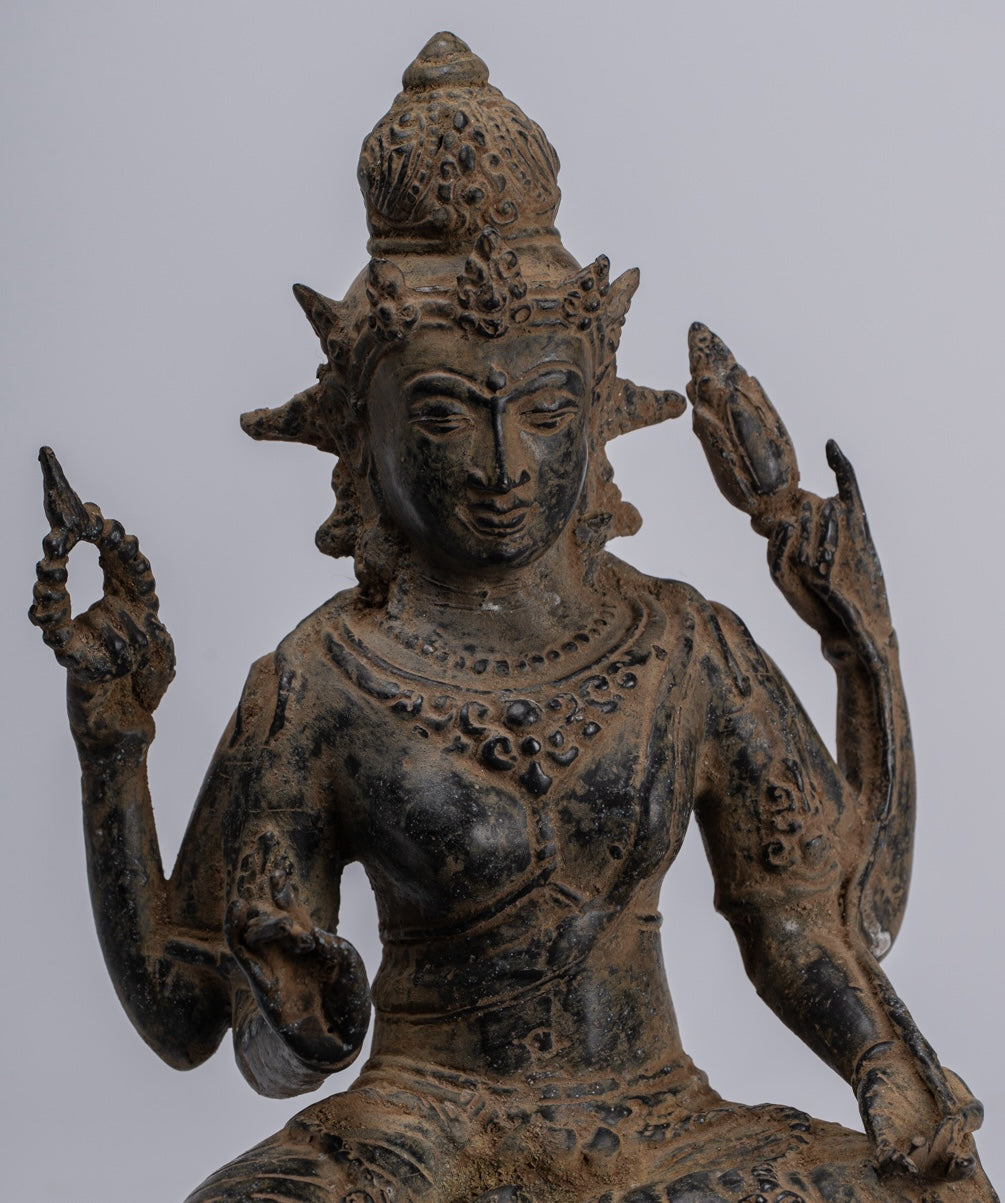 Tara Statue - Antique Java Style Majapahit Seated Bronze Devi Tara Statue - 26cm/10"