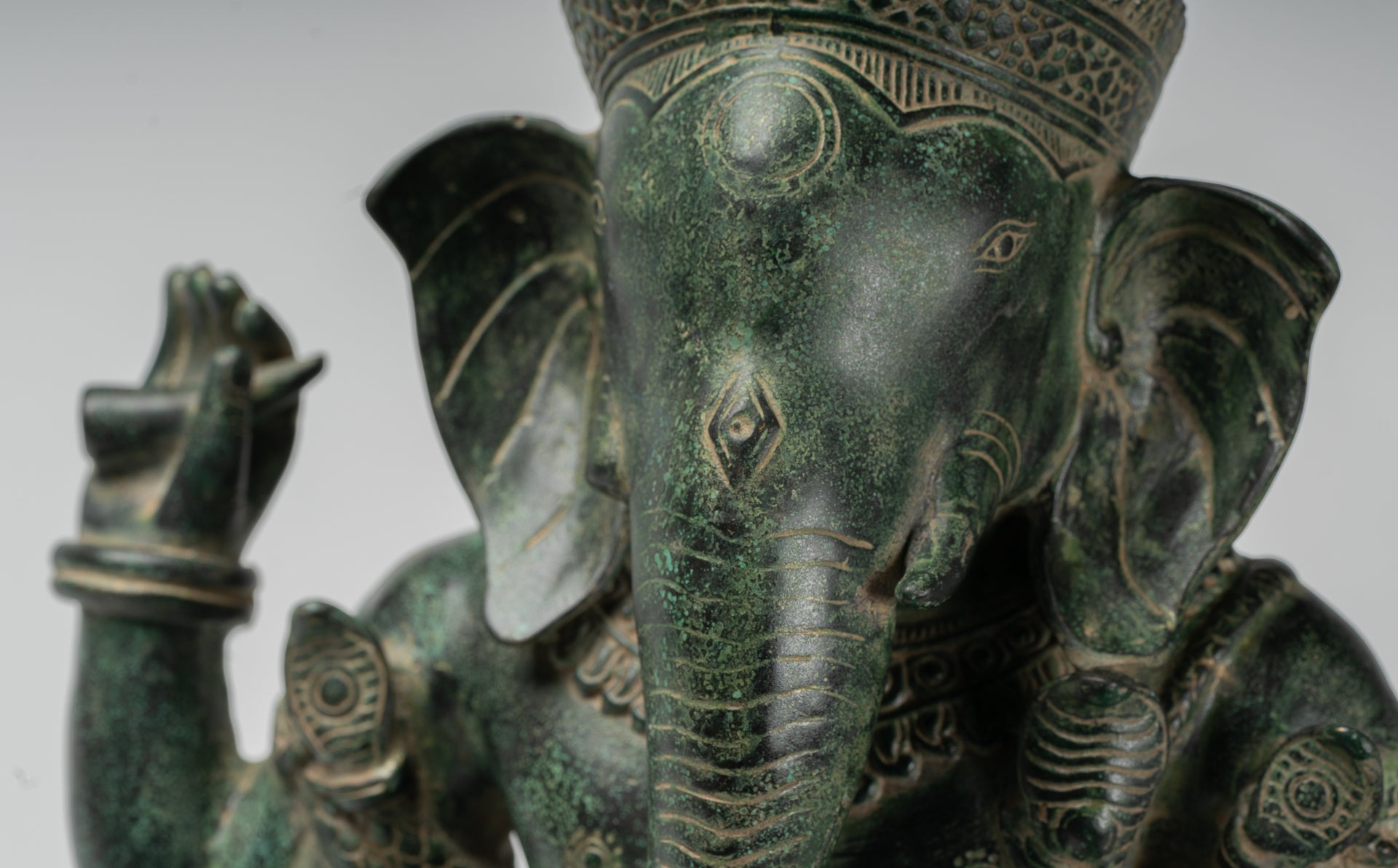 Ganesha Statue - Antique Khmer Style Angkor Wat Bronze Seated Four Arm Ganesh Statue - 40cm/16"