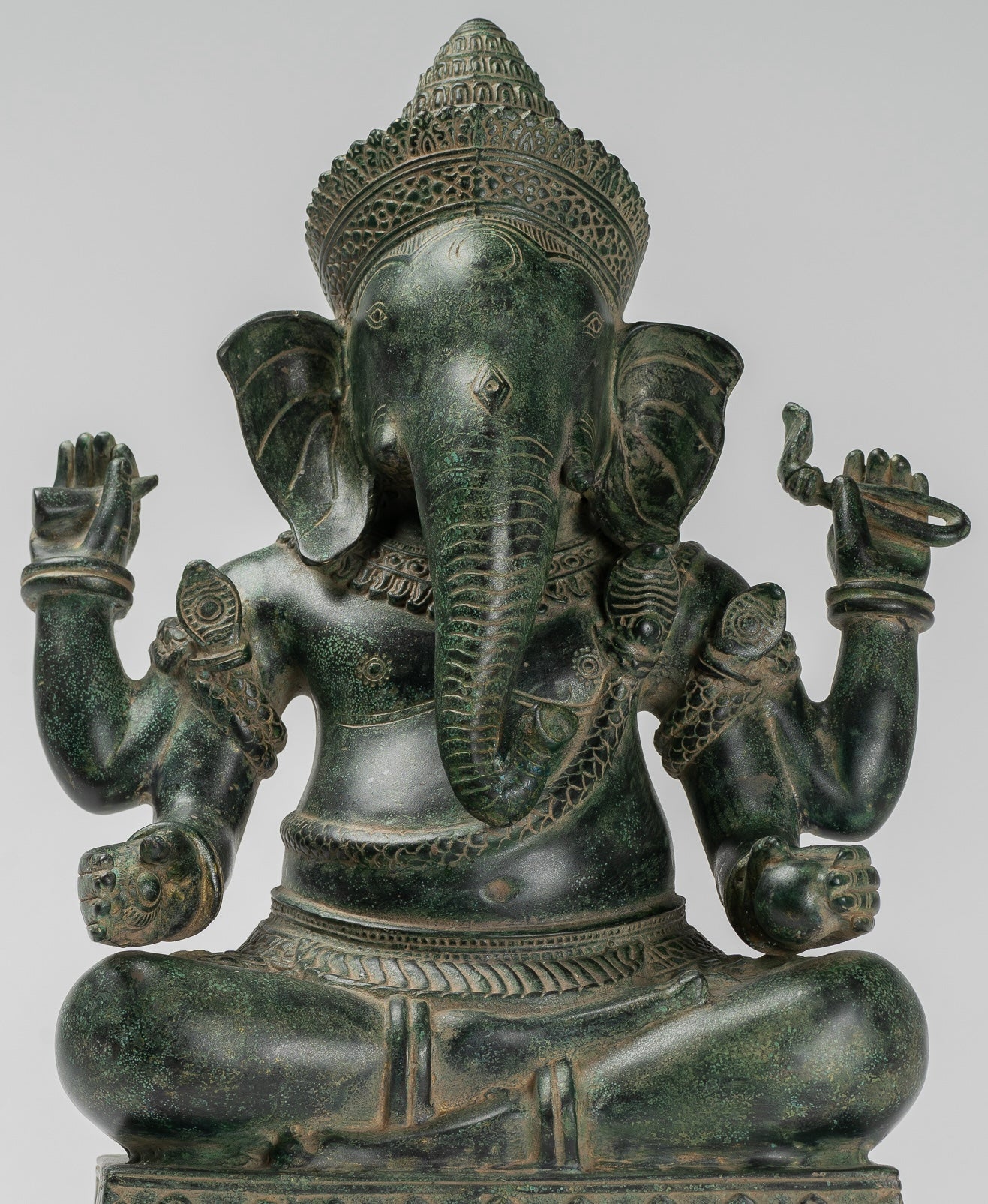Ganesha Statue - Antique Khmer Style Angkor Wat Bronze Seated Four Arm Ganesh Statue - 40cm/16"