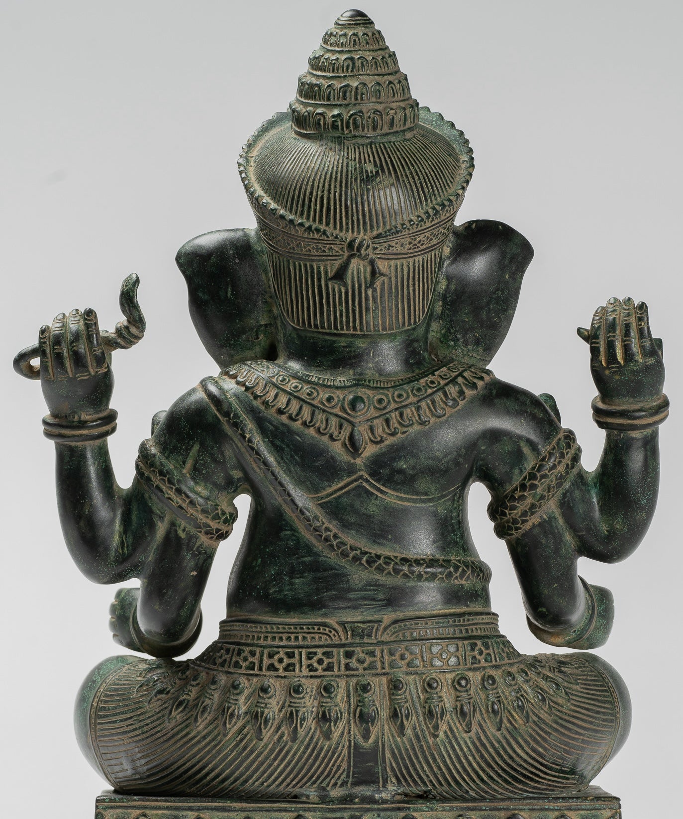 Ganesha Statue - Antique Khmer Style Angkor Wat Bronze Seated Four Arm Ganesh Statue - 40cm/16"