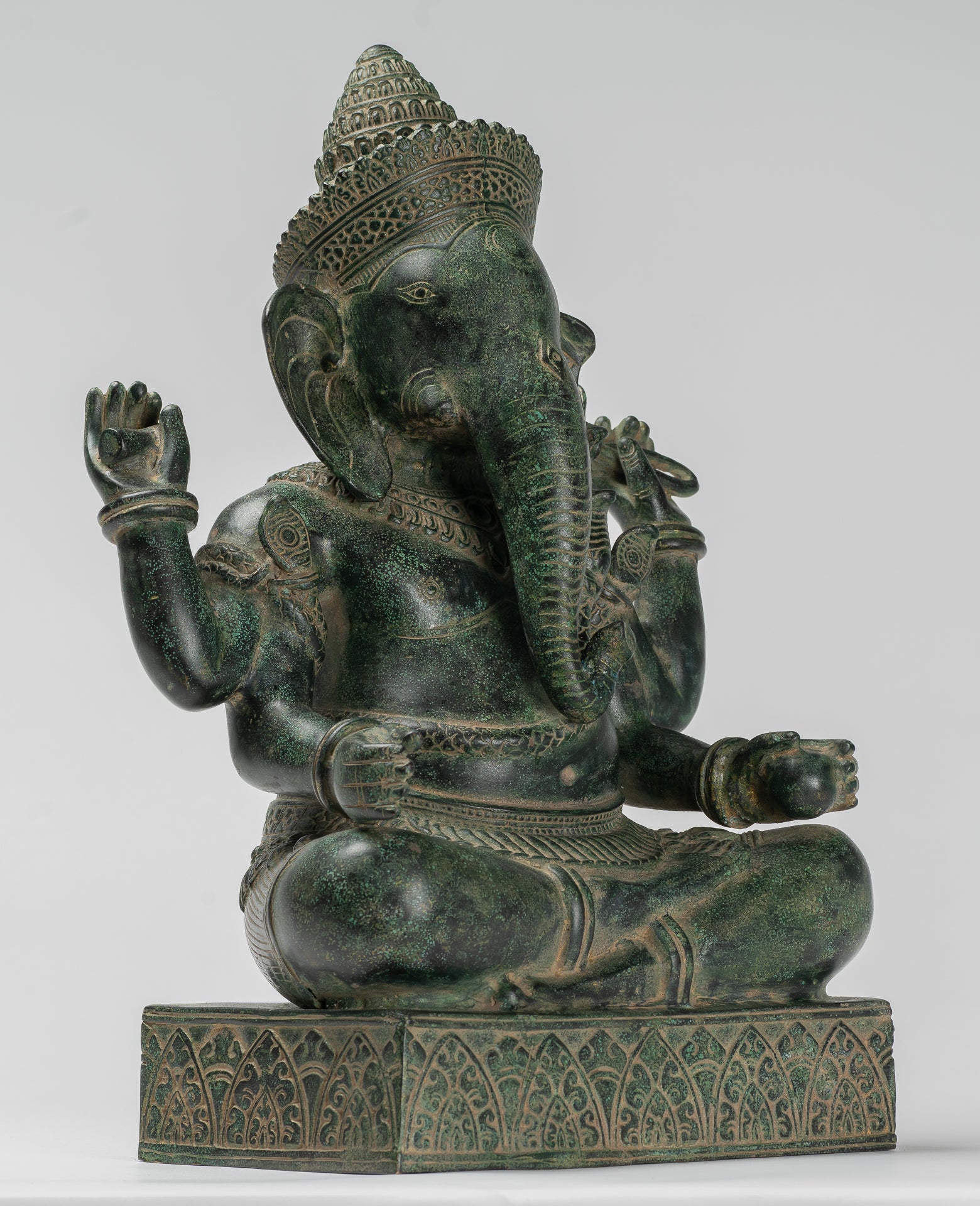 Ganesha Statue - Antique Khmer Style Angkor Wat Bronze Seated Four Arm Ganesh Statue - 40cm/16"