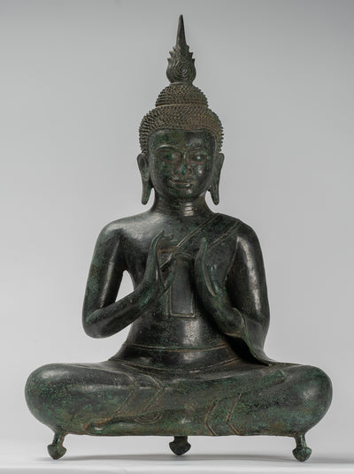 Buddha - Antique Khmer Style Bronze Seated Double Teaching Buddha Statue - 50cm/20"