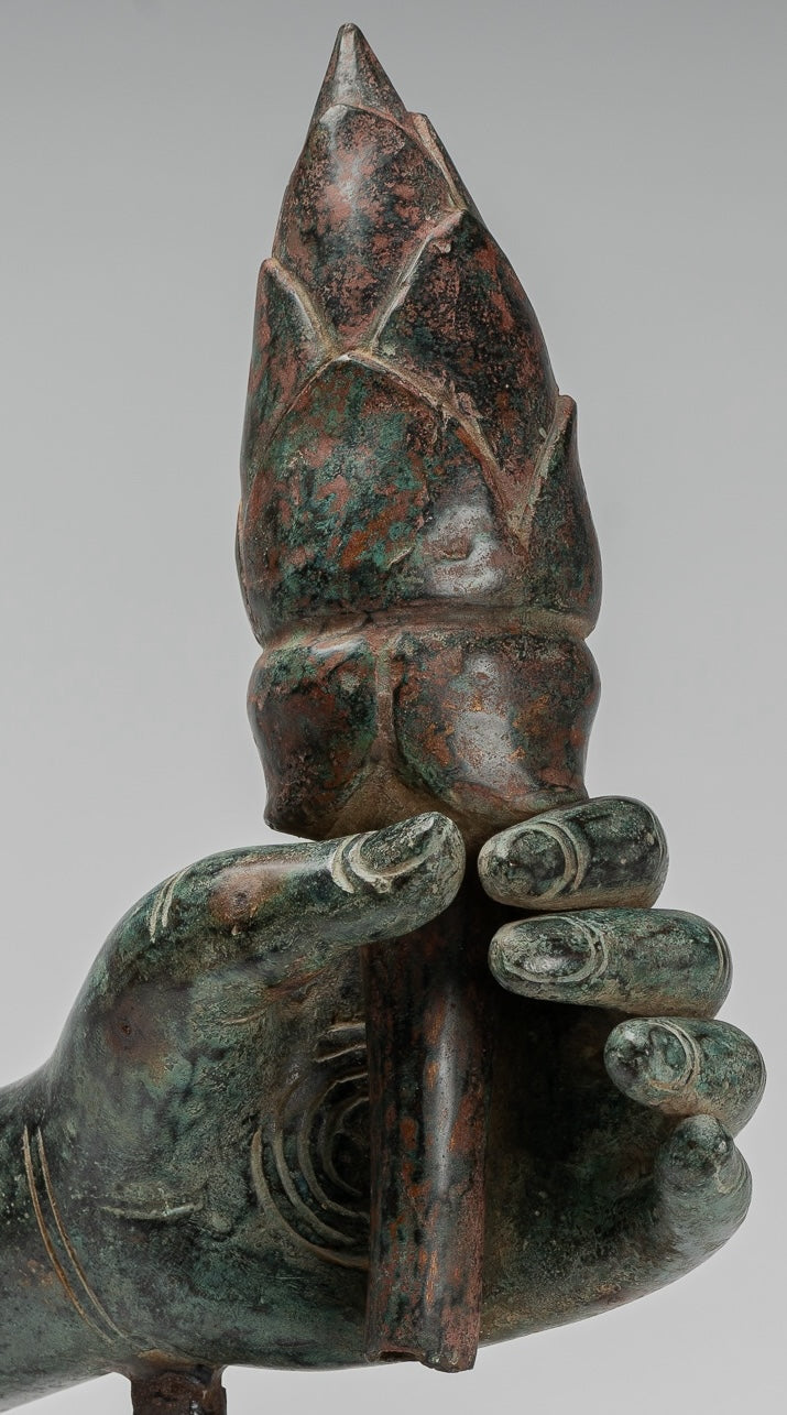 Mounted Antique Khmer Style Bronze Hand & Lotus Bud - 43cm/17"