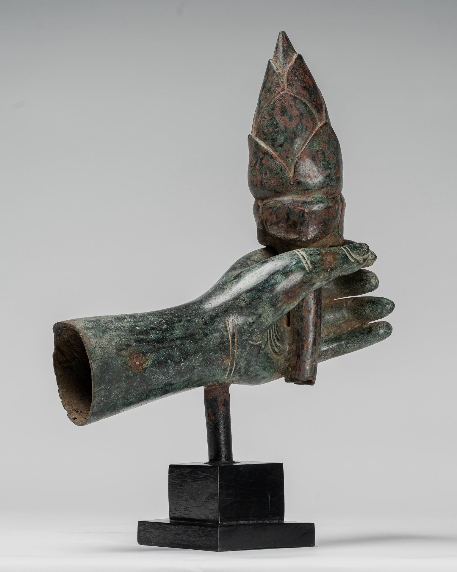 Mounted Antique Khmer Style Bronze Hand & Lotus Bud - 43cm/17"