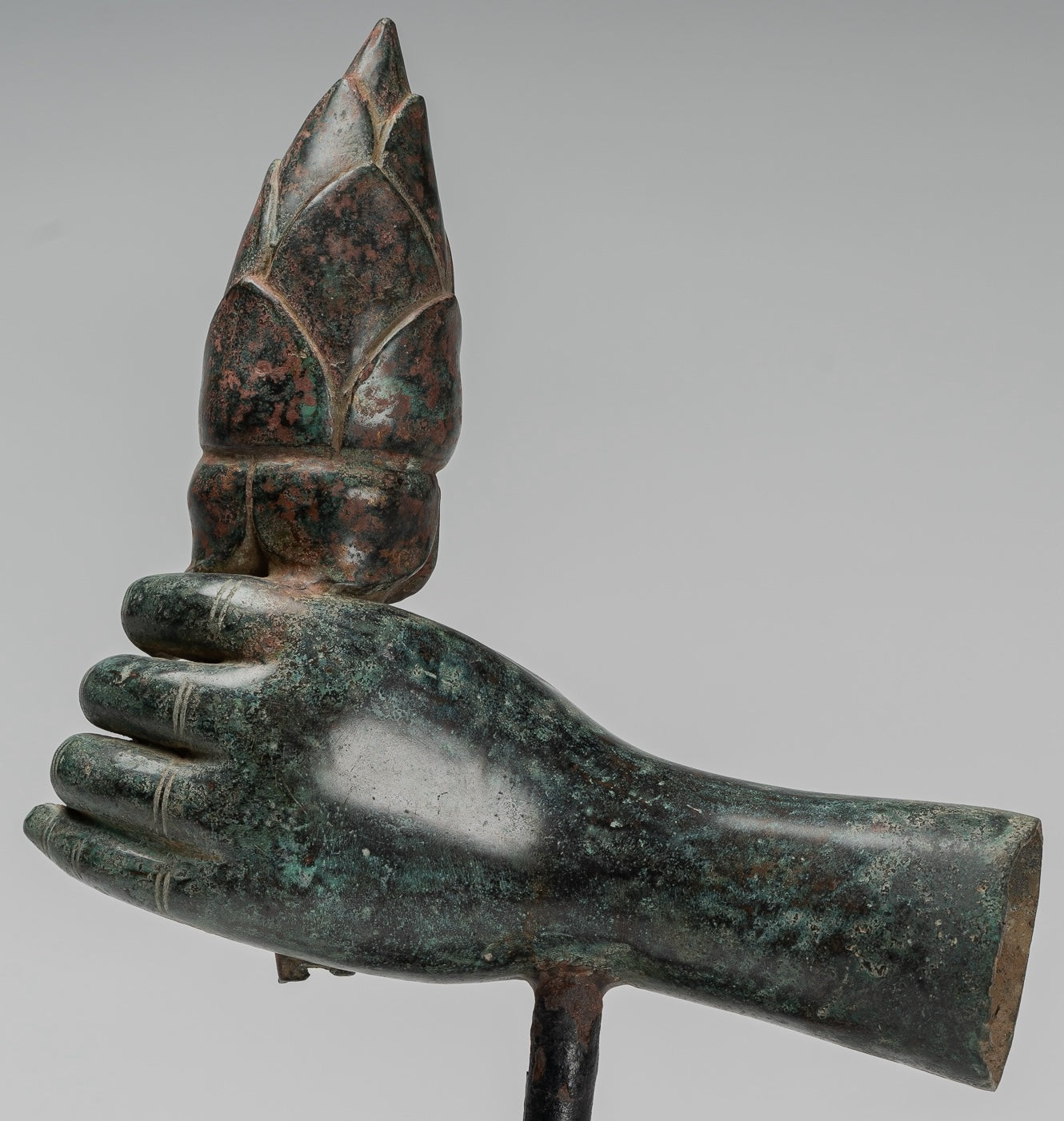 Mounted Antique Khmer Style Bronze Hand & Lotus Bud - 43cm/17"