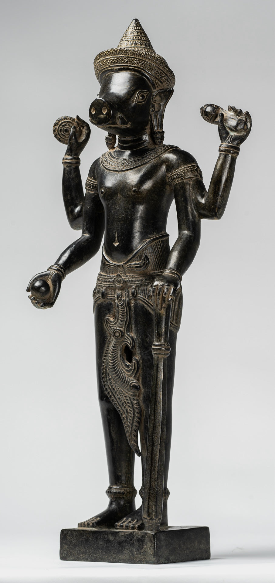 Varaha Statue - Antique Khmer Style Standing Bronze Varaha Boar Avatar of Vishnu - 55cm/22"