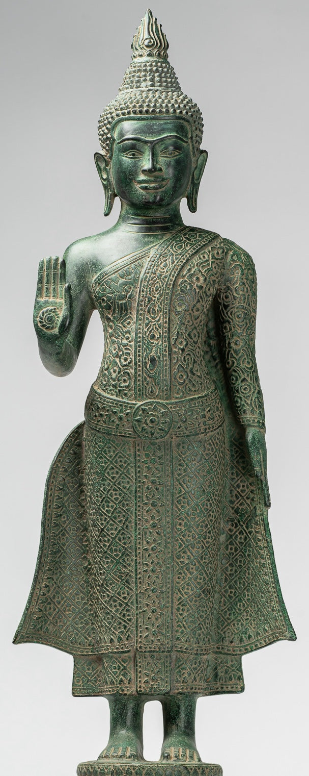 Buddha Statue - Antique Khmer Style Bronze Standing Abhaya Protection Buddha Statue - 65cm/26"