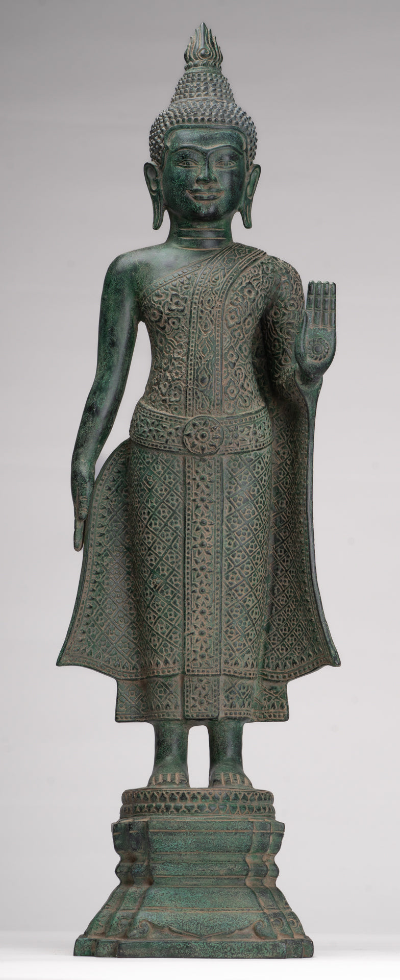 Buddha Statue - Antique Khmer Style Bronze Standing Abhaya Protection Buddha Statue - 64cm/26"