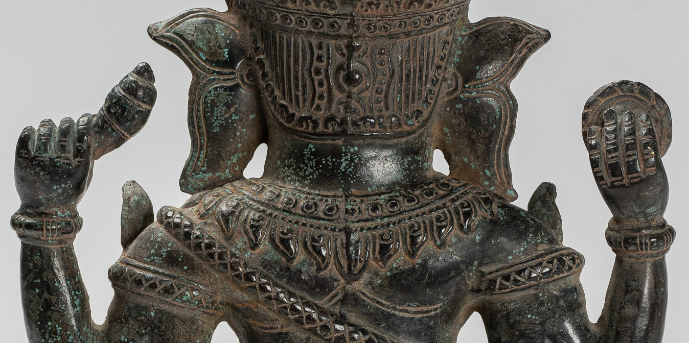 Ganesha Statue - Antique Khmer Style Baphuon Bronze Seated Four Arm Ganesh Statue - 33cm/13"