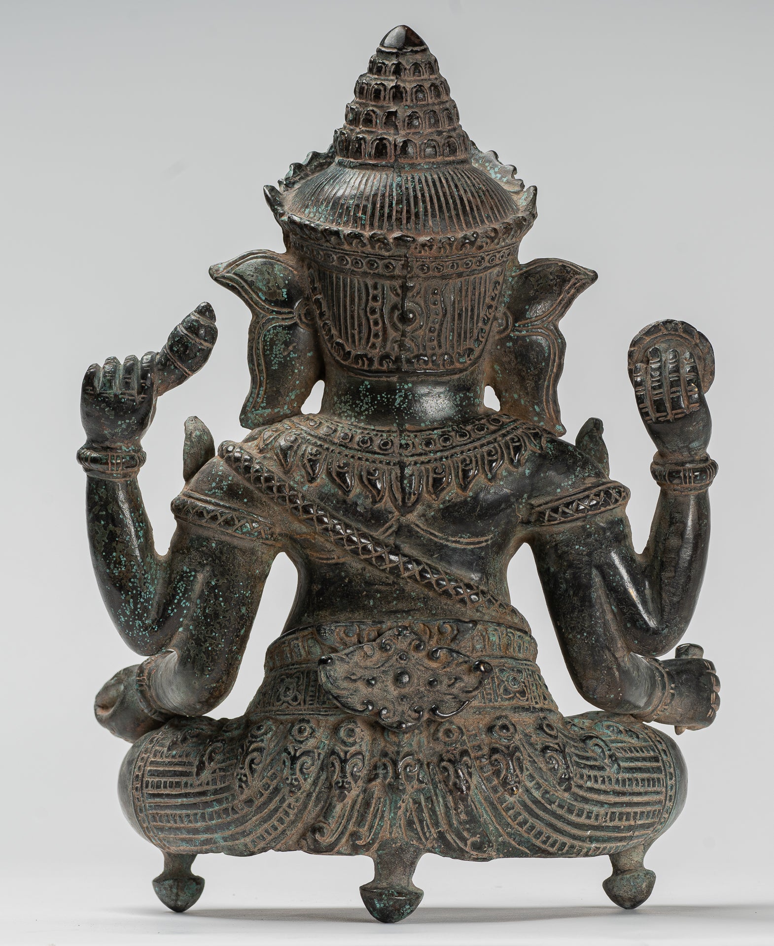 Ganesha Statue - Antique Khmer Style Baphuon Bronze Seated Four Arm Ganesh Statue - 33cm/13"