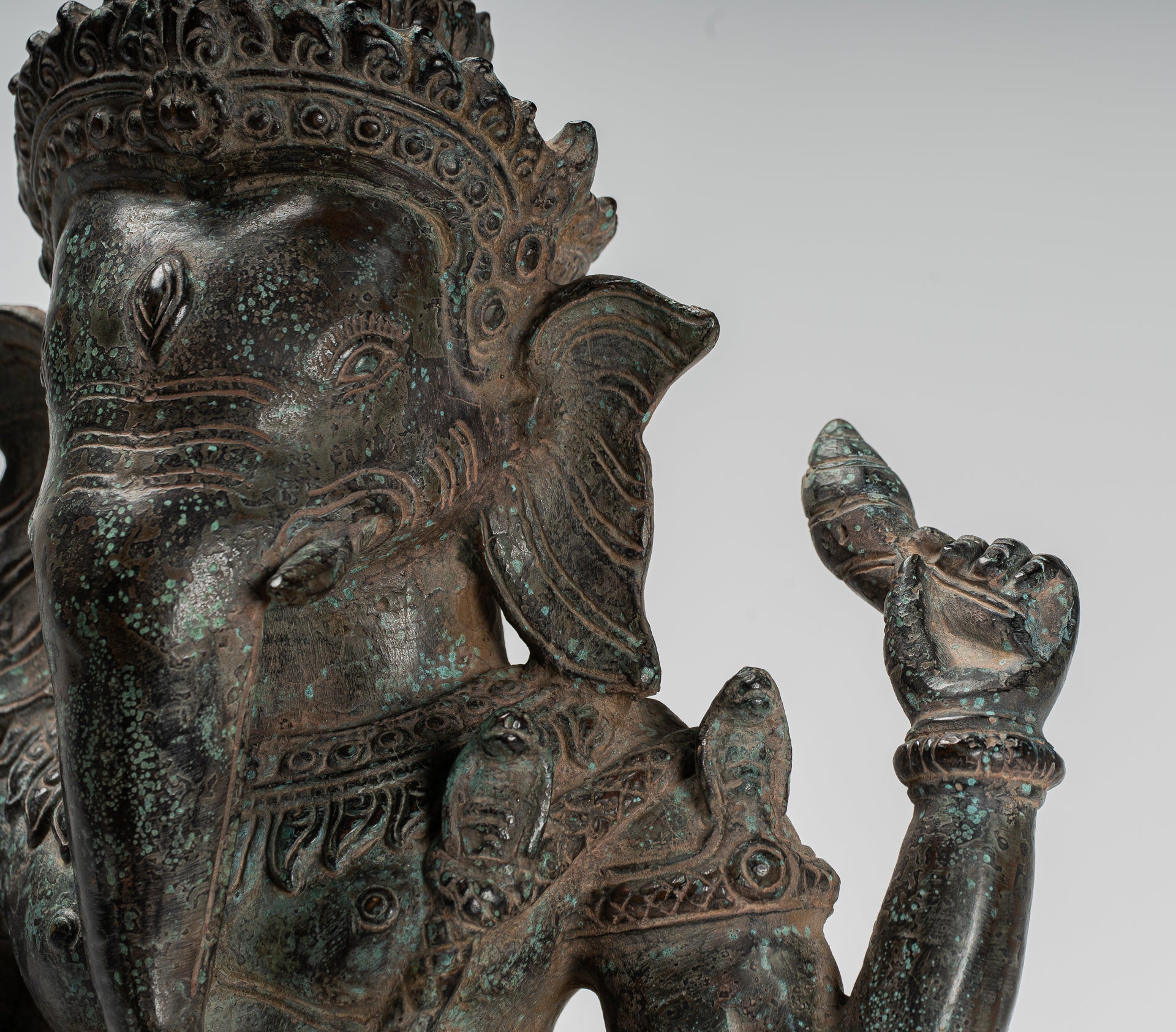 Ganesha Statue - Antique Khmer Style Baphuon Bronze Seated Four Arm Ganesh Statue - 33cm/13"