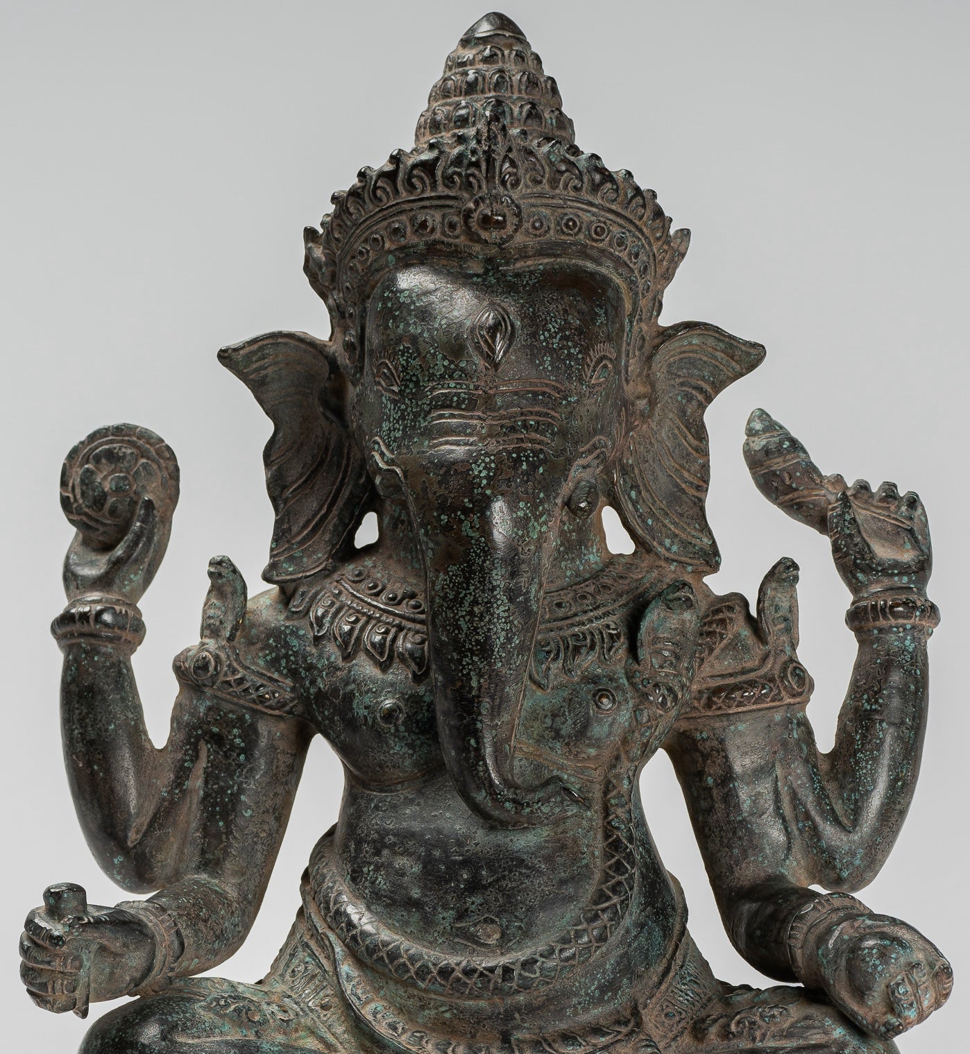 Ganesha Statue - Antique Khmer Style Baphuon Bronze Seated Four Arm Ganesh Statue - 33cm/13"