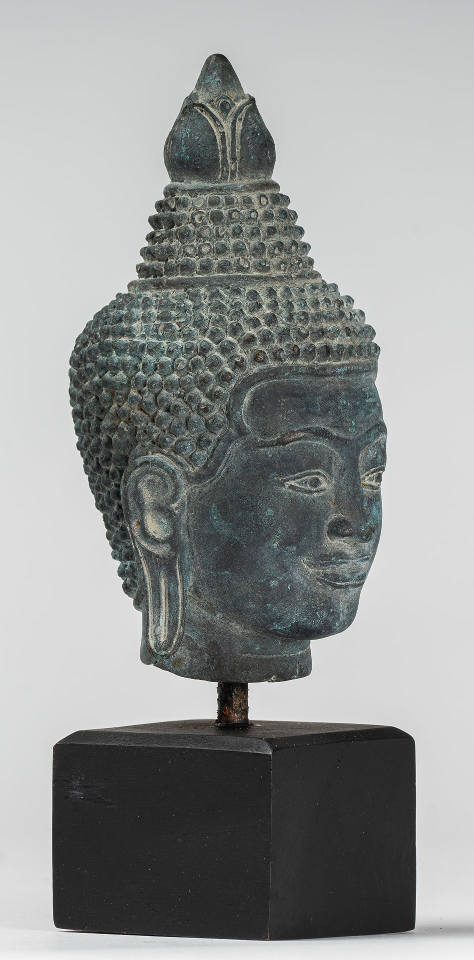 Buddha Statue - Antique Khmer Style Bronze Lotus Flower Buddha Head - 22cm/9"