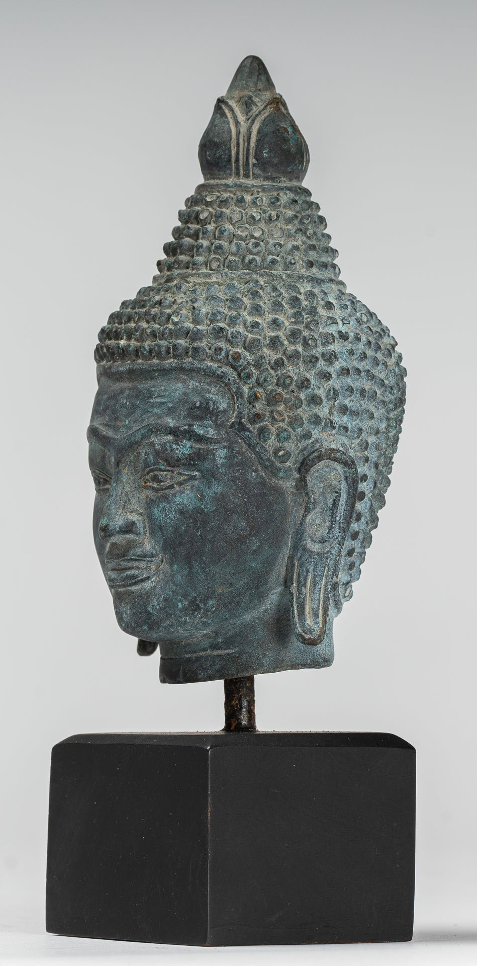 Buddha Statue - Antique Khmer Style Bronze Lotus Flower Buddha Head - 22cm/9"