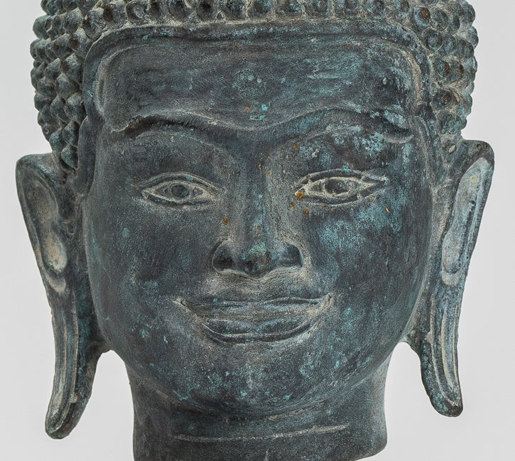 Buddha Statue - Antique Khmer Style Bronze Lotus Flower Buddha Head - 22cm/9"