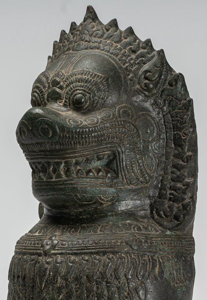 Temple Lion - Antique Khmer Style Bronze Standing Temple Guardian or Lion - 40cm/16"