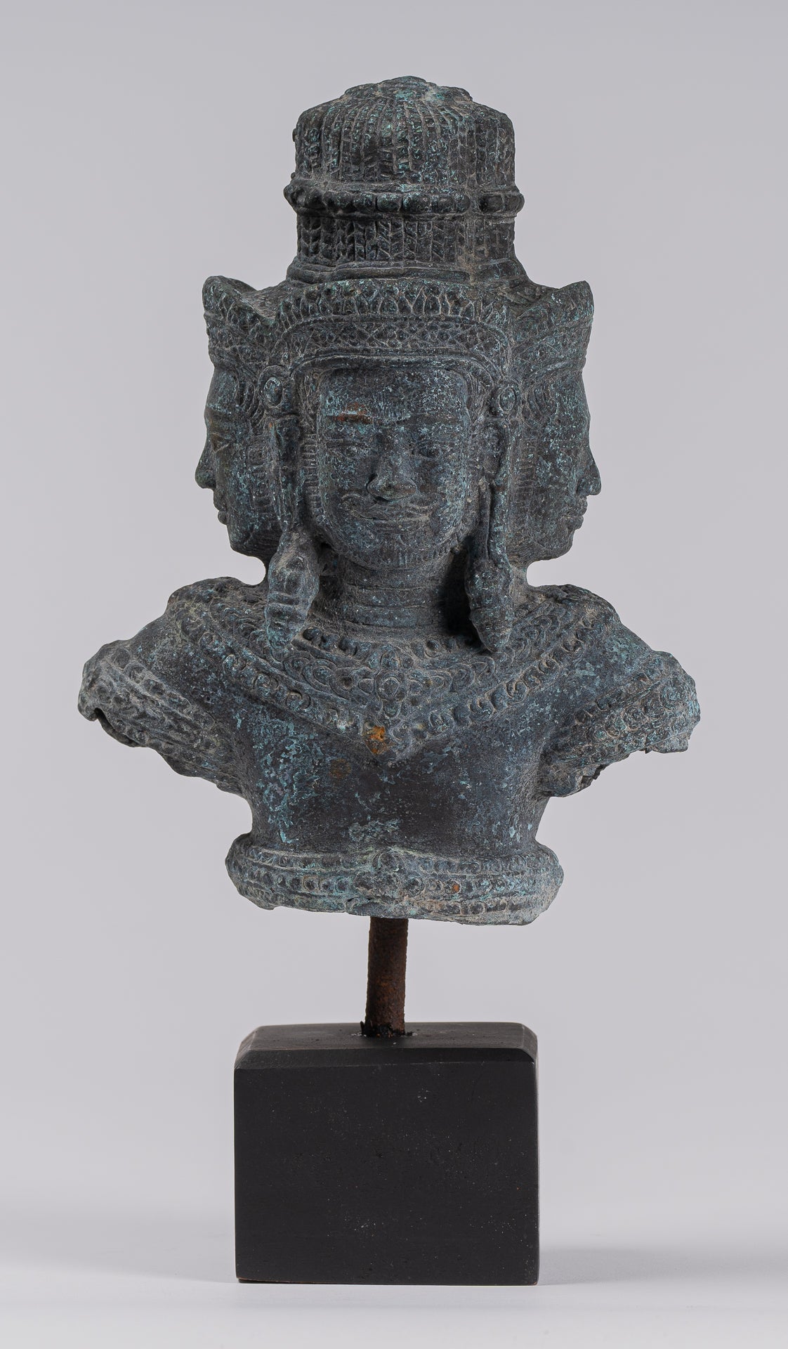 Brahma Statue - Antique Khmer Style Mounted Bronze Brahma Torso - Hindu God Creation - 26cm/10"