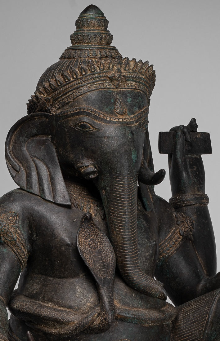 Ganesha Statue - Antique Thai Style Bronze Seated 4-Arm Ganesha Statue - 85cm/34"