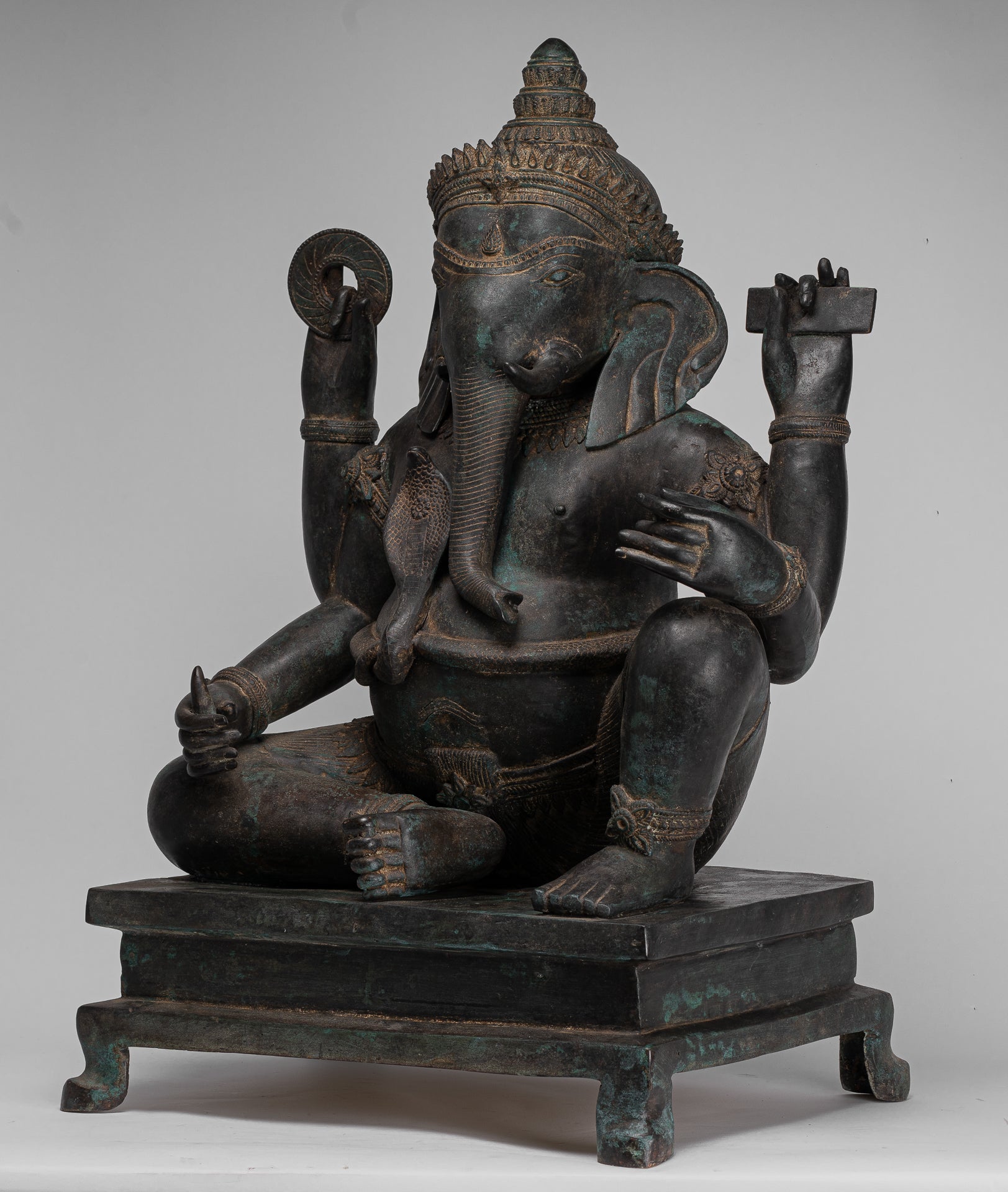 Ganesha Statue - Antique Thai Style Bronze Seated 4-Arm Ganesha Statue - 85cm/34"
