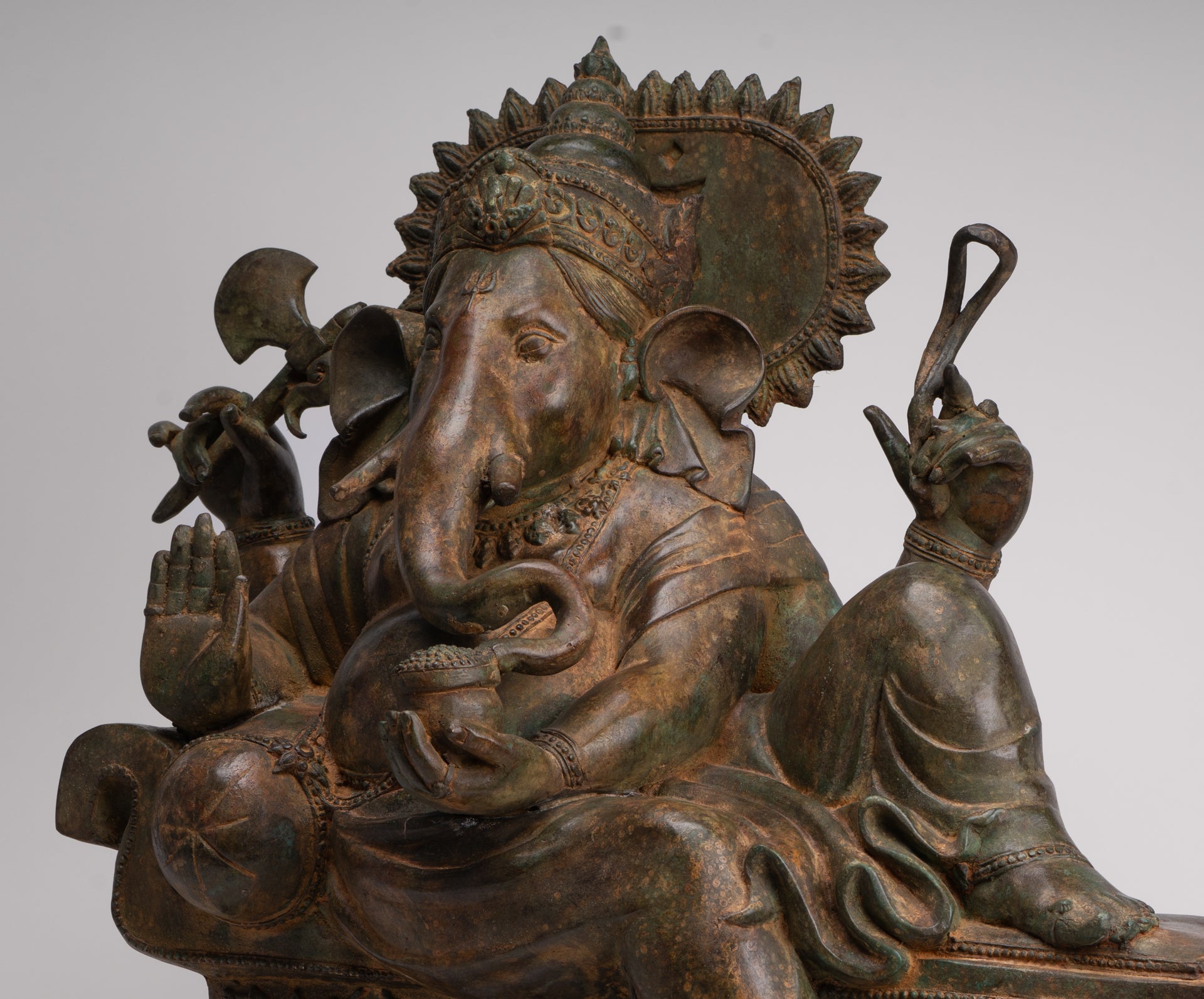 Ganesh - Antique Thai Style Bronze Reclining Ganesha Statue w/Mouse - 55cm/22"