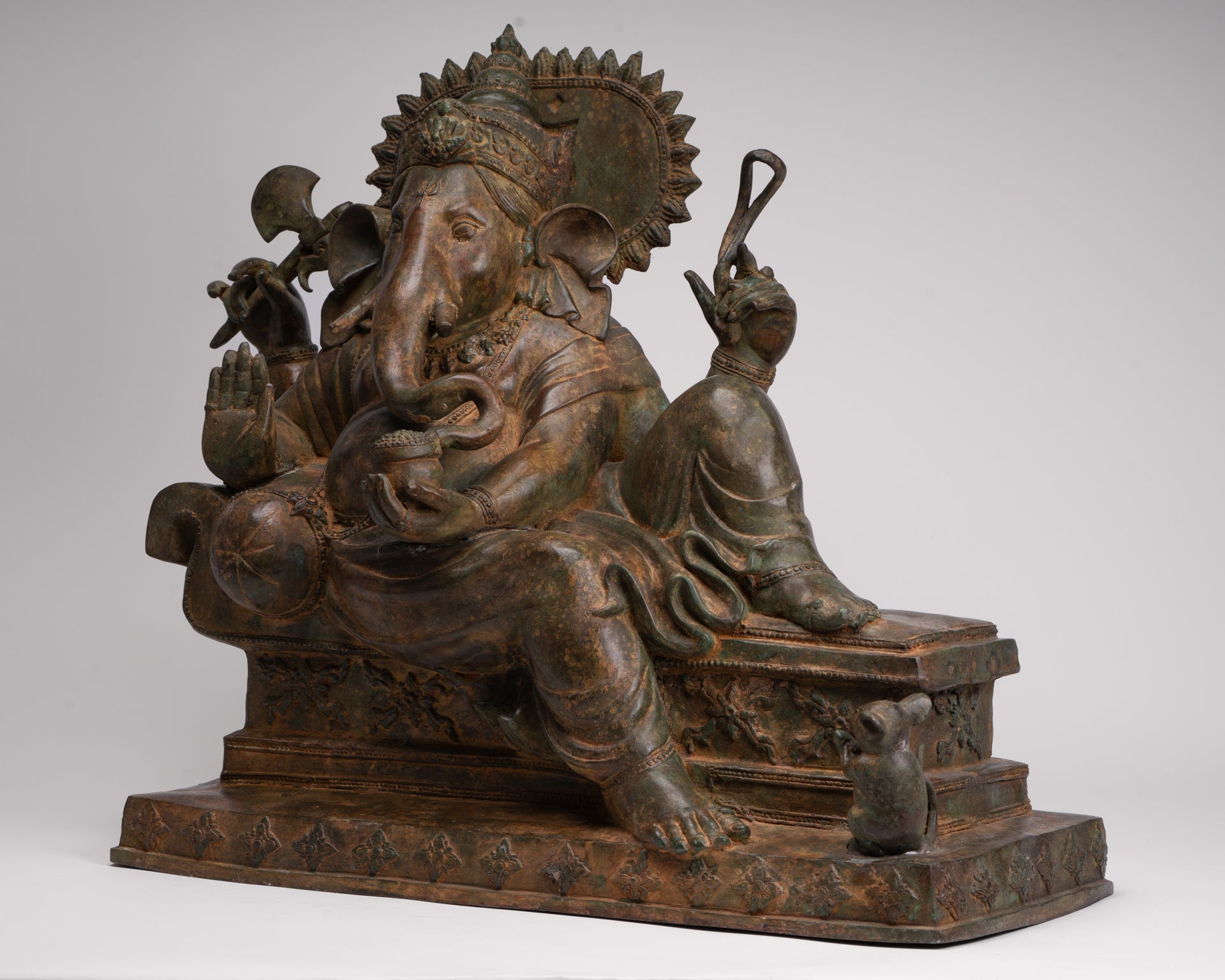 Ganesh - Antique Thai Style Bronze Reclining Ganesha Statue w/Mouse - 55cm/22"