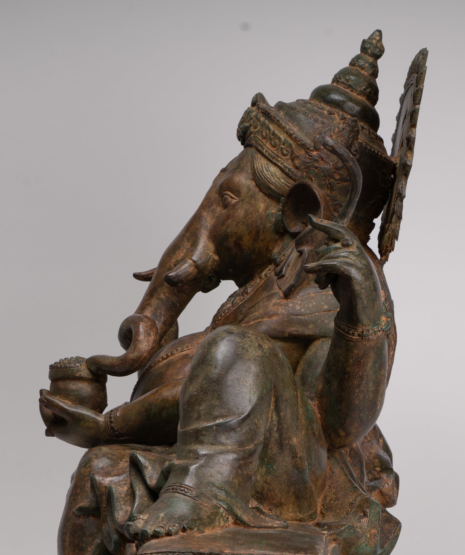 Ganesh - Antique Thai Style Bronze Reclining Ganesha Statue w/Mouse - 55cm/22"