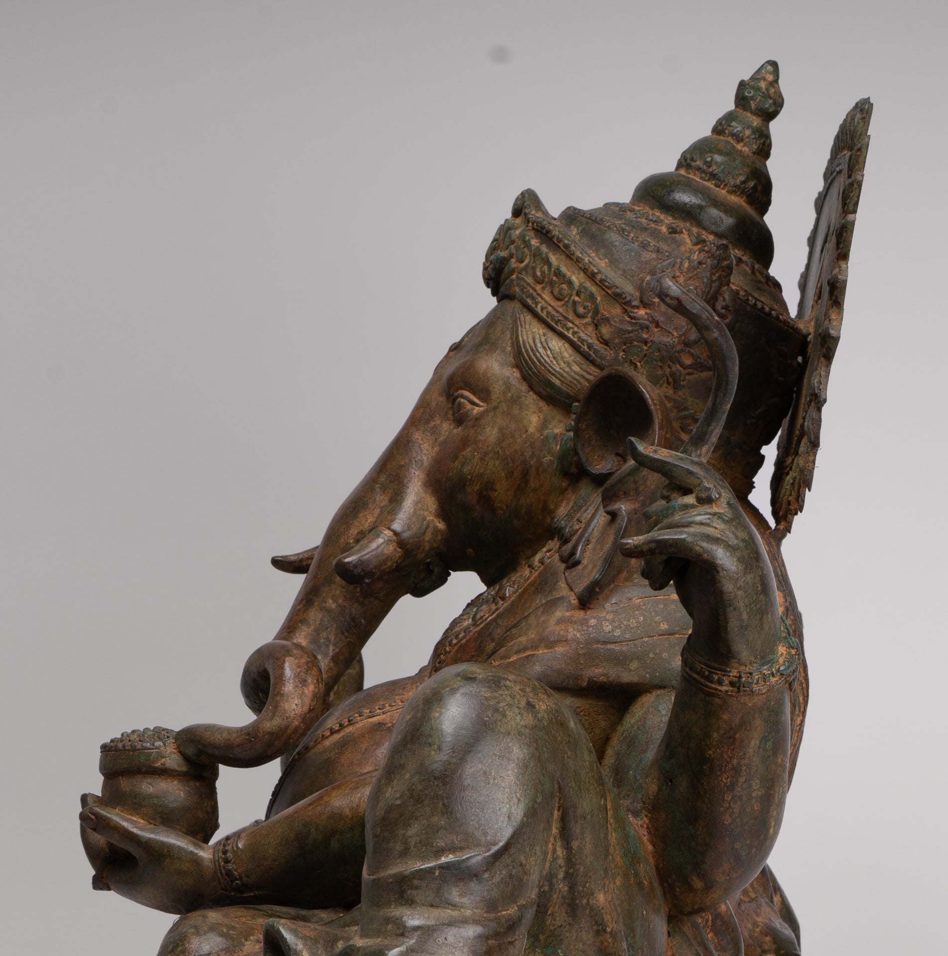 Ganesh - Antique Thai Style Bronze Reclining Ganesha Statue w/Mouse - 55cm/22"