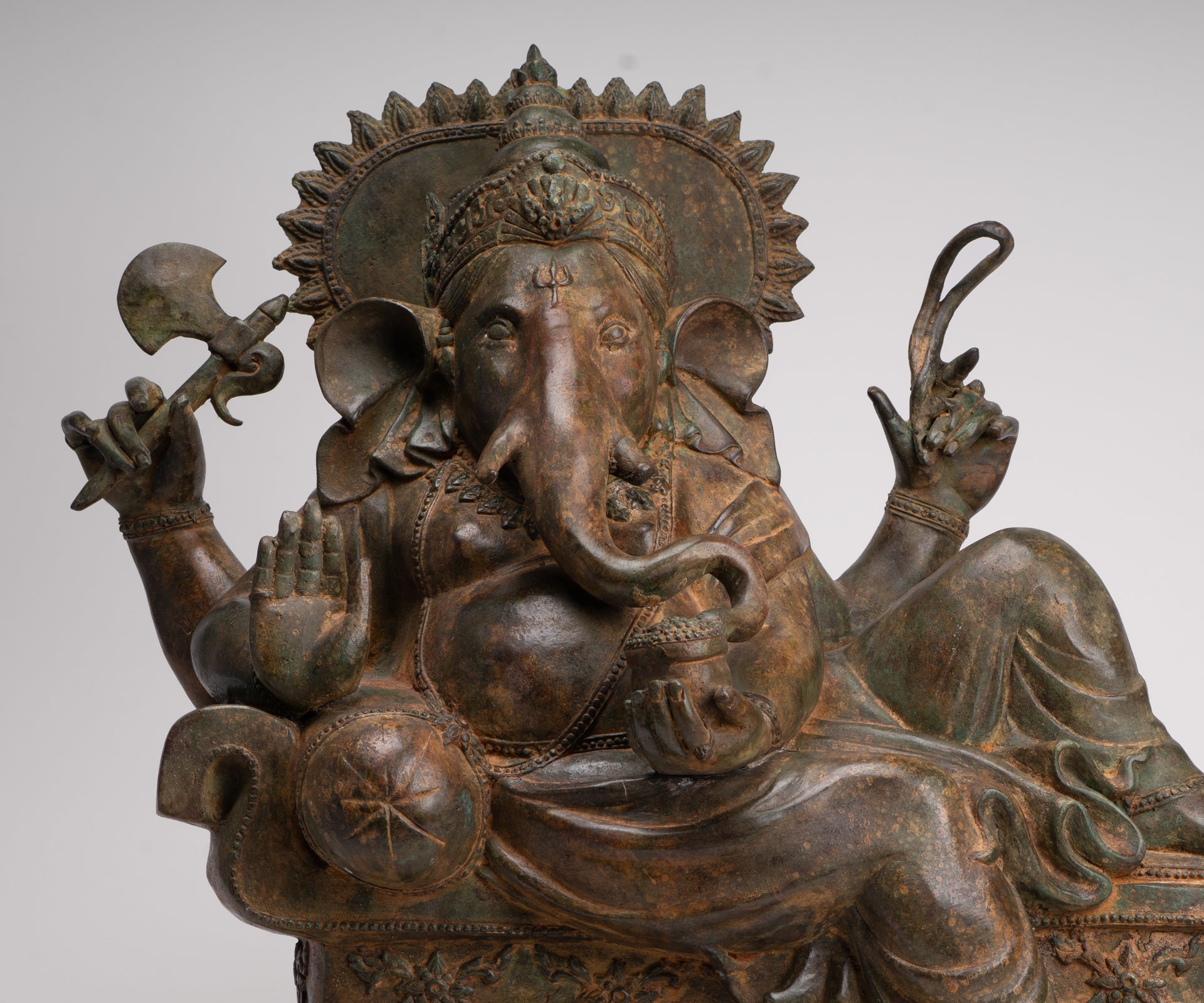 Ganesh - Antique Thai Style Bronze Reclining Ganesha Statue w/Mouse - 55cm/22"