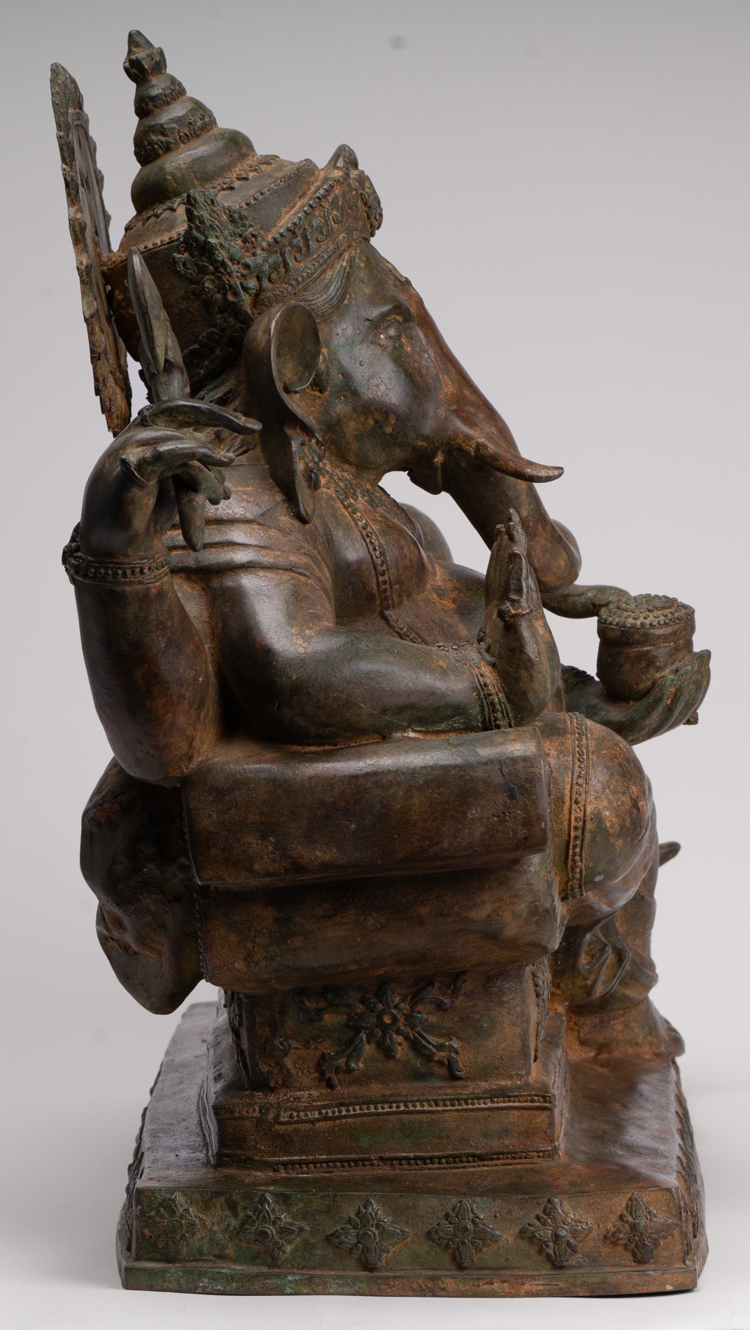 Ganesh - Antique Thai Style Bronze Reclining Ganesha Statue w/Mouse - 55cm/22"