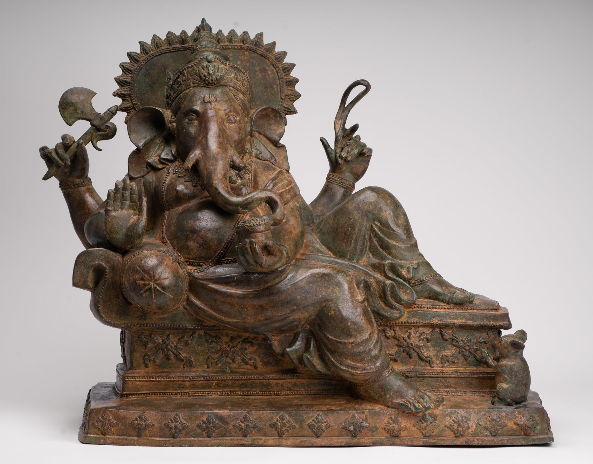 Ganesh - Antique Thai Style Bronze Reclining Ganesha Statue w/Mouse - 55cm/22"