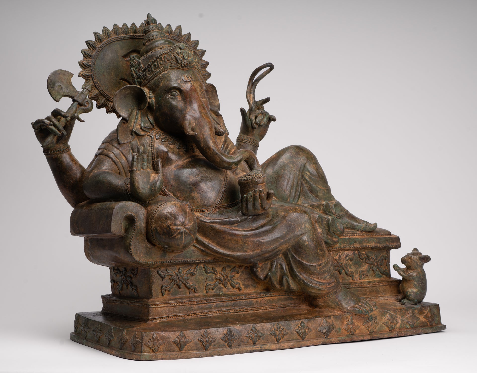 Ganesh - Antique Thai Style Bronze Reclining Ganesha Statue w/Mouse - 55cm/22"