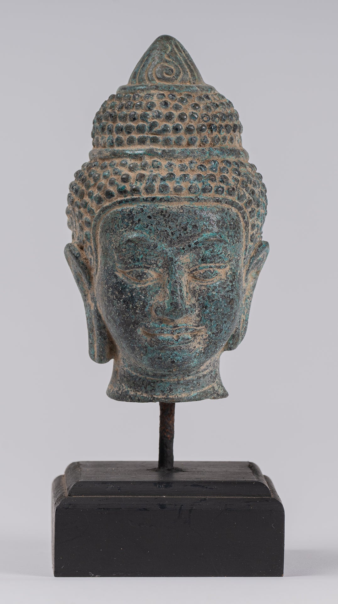 Buddha Statue - Antique Khmer Style Mounted Bronze Phnom Da Buddha Head Statue - 18cm/7"