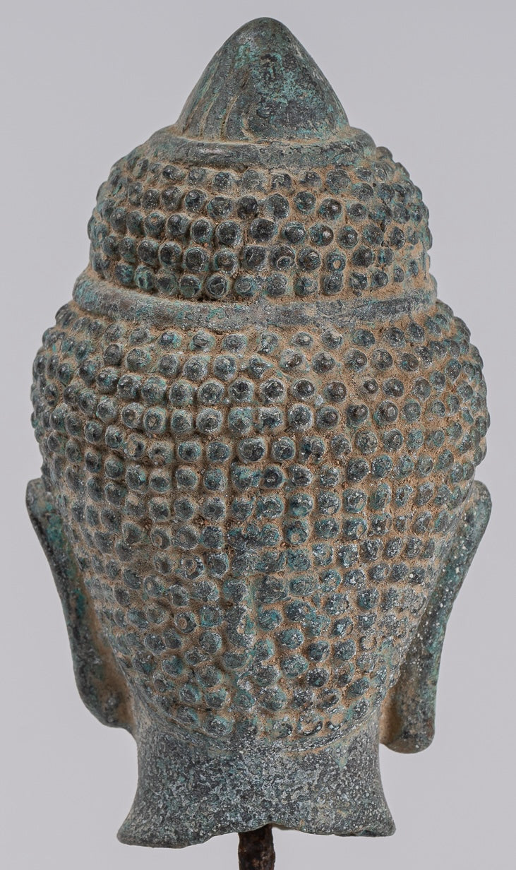 Buddha Statue - Antique Khmer Style Mounted Bronze Phnom Da Buddha Head Statue - 18cm/7"