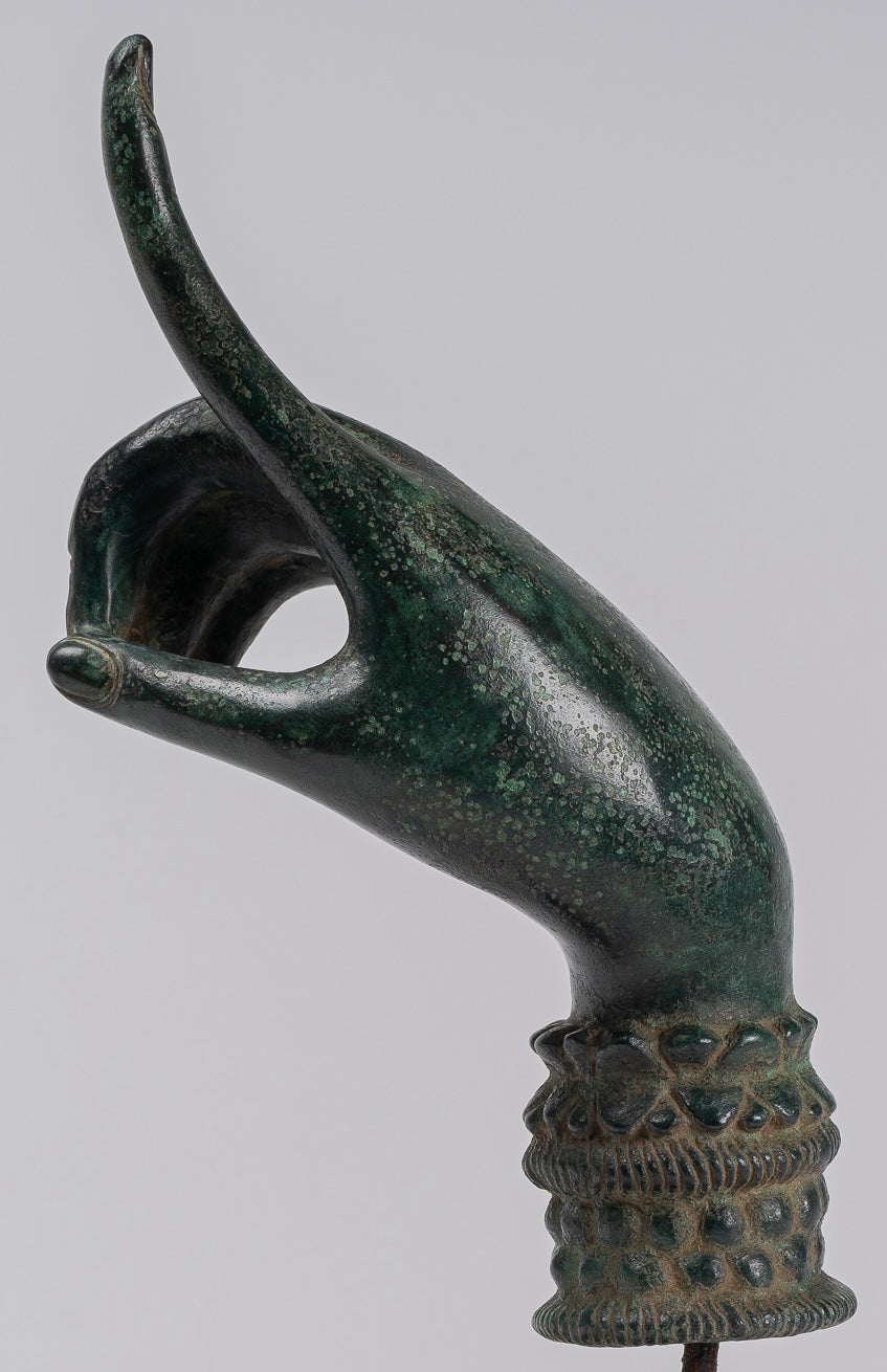 Mounted Antique Khmer Style Bronze Apsara Suchi Mudra Hand - 30cm/12"