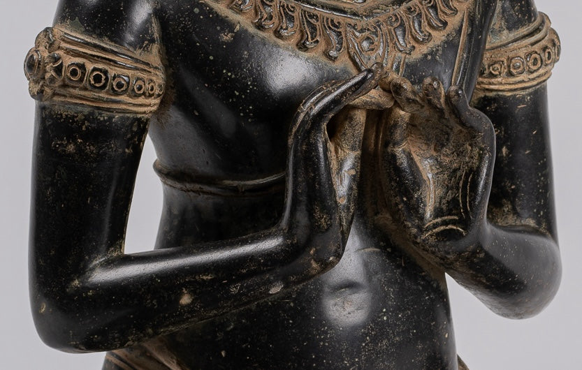 Buddha - Antique Khmer Style Bronze Seated Double Teaching Buddha Statue - 56cm/22"